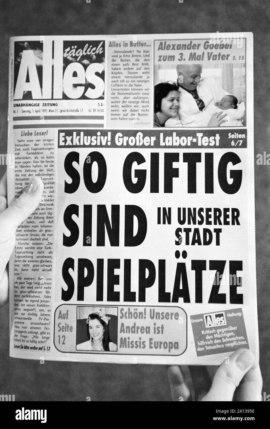 On April 5, 1992, Kurt Falk's daily newspaper 'taeglich Alles' appeared on the Austrian market. Photo shows the first edition. - 19920405 PD0002 - Rechteinfo: Rights Managed (RM) Stock Photo
