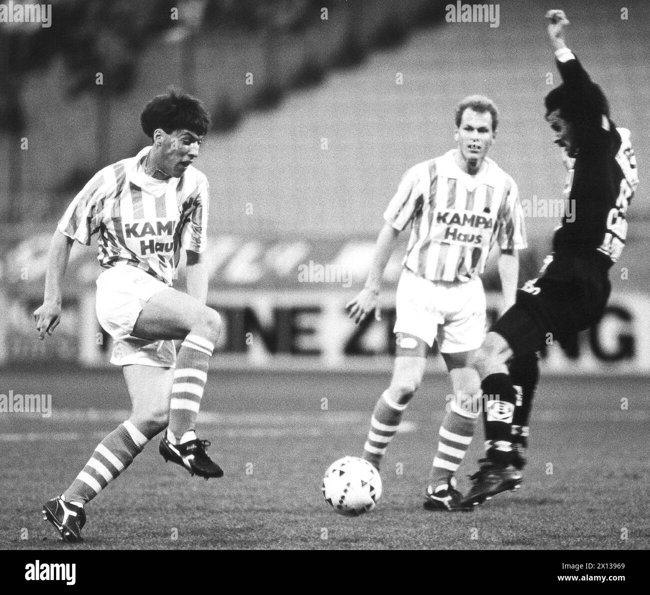 (l-r): Herbert Gager, Alexander Metlitzky and Johannes Abfalter on April 23, 1992 during the game Rapid Wien versus Admira Wacker in the Hanappi stadion in Vienna. - 19920423 PD0003 - Rechteinfo: Rights Managed (RM) Stock Photo