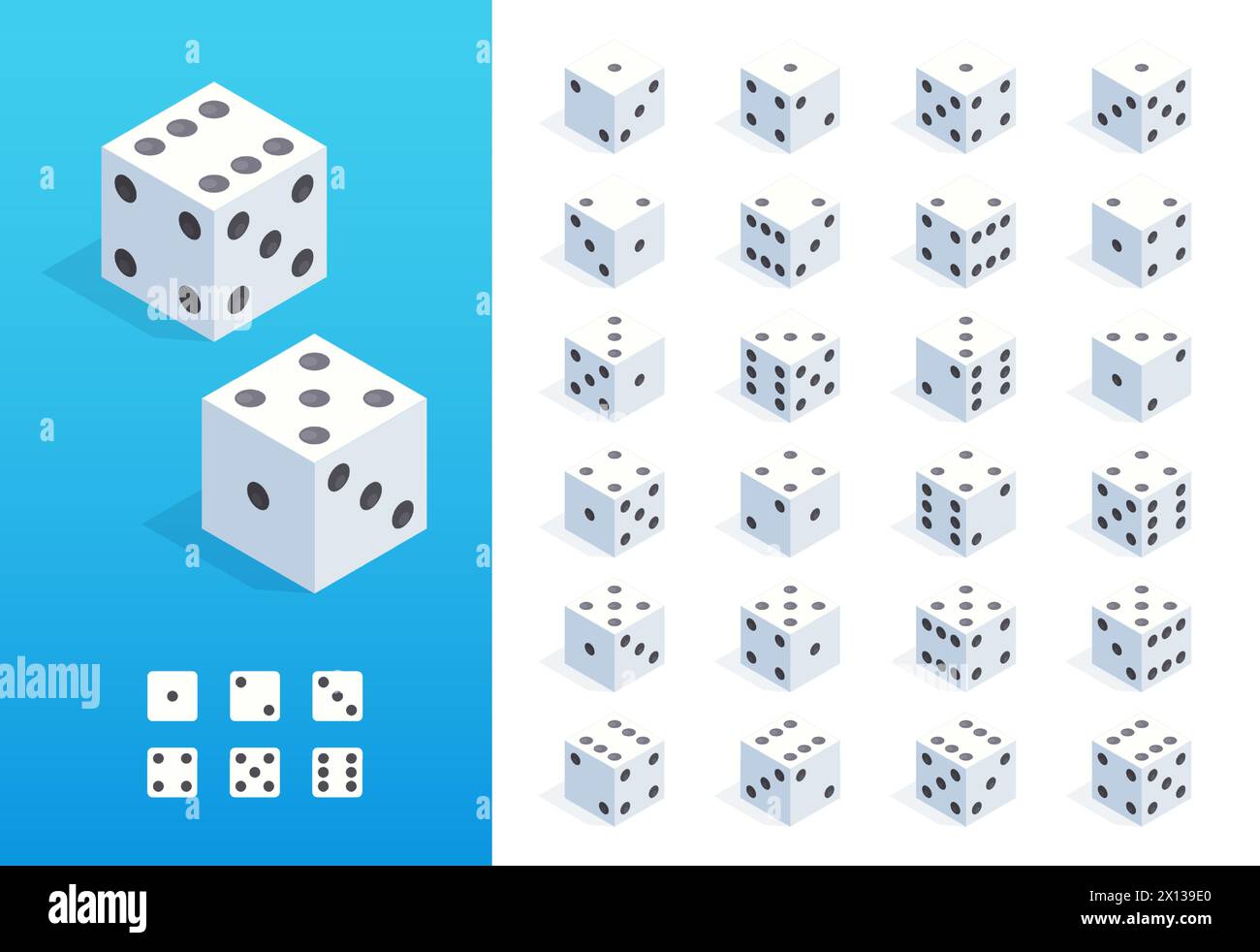 Isometric dice. 3D random roll of casino game elements, gambling and risk concept, poker and craps board game asset. Vector isolated set Stock Vector