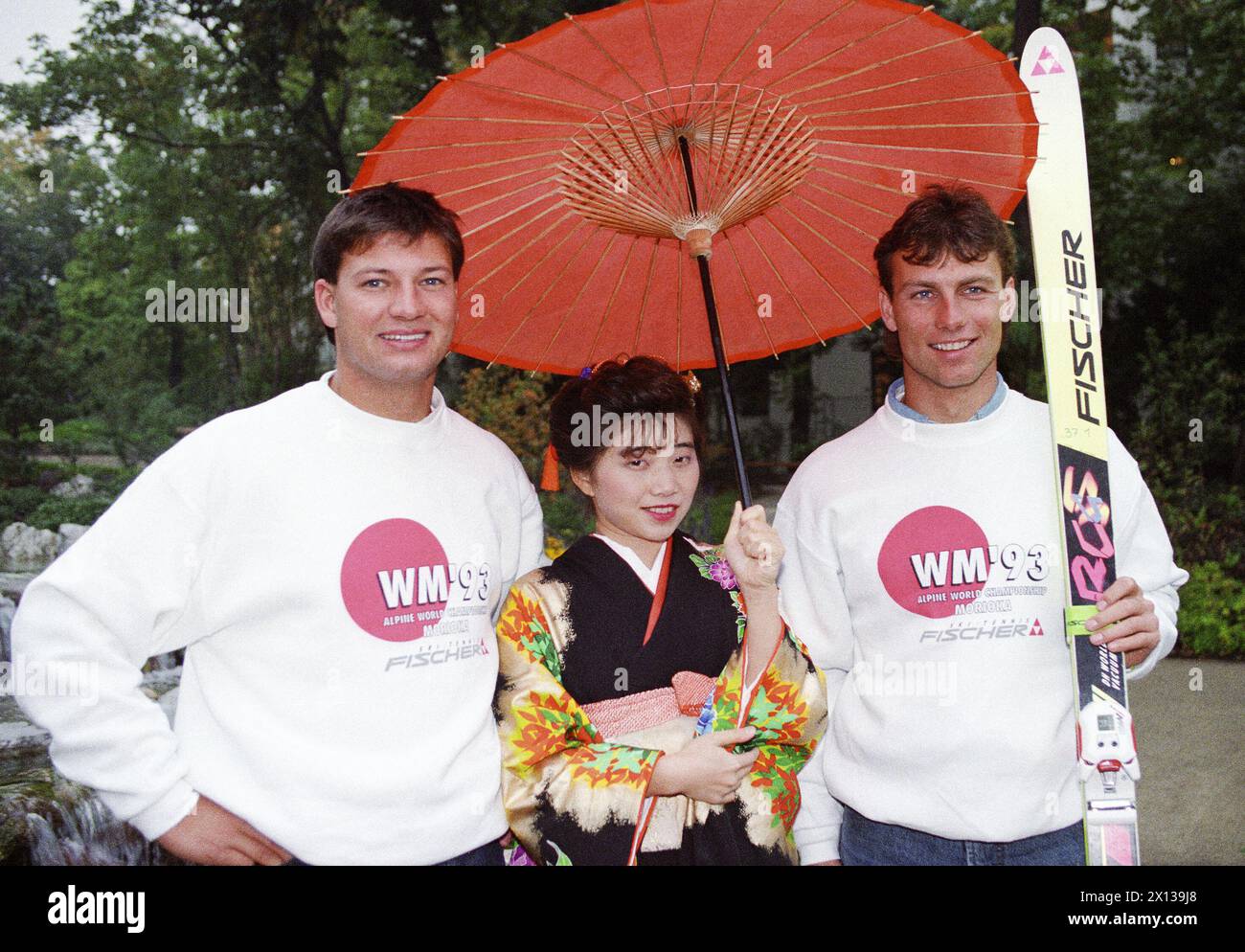Austrian ski stars Stefan Eberharter and Guenther Mader at the occassion of a presentation of the Austrian ski company Fischer in Vienna's Japanese Garden on October 16, 1992. - 19921016 PD0008 - Rechteinfo: Rights Managed (RM) Stock Photo