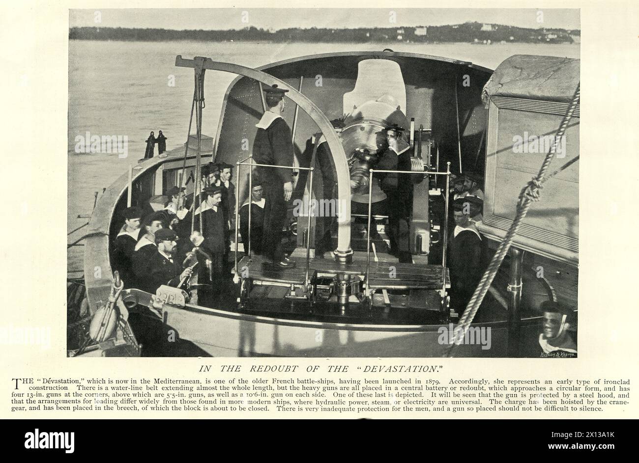 Vintage picture Sailors manning naval gun, French Navy ironclad battleship Dévastation, Warship, Victorian Military History, 1890s 19th Century. Stock Photo