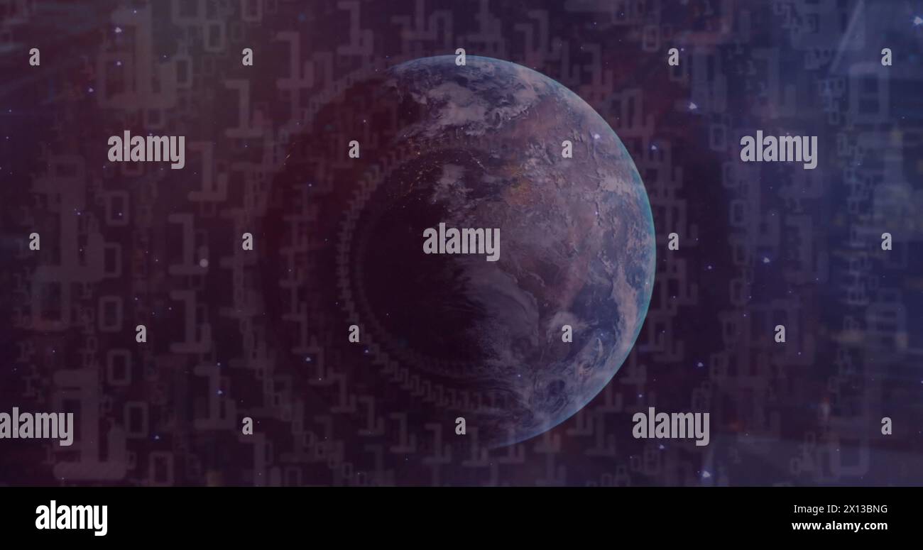 Image of binary coding data processing over globe Stock Photo