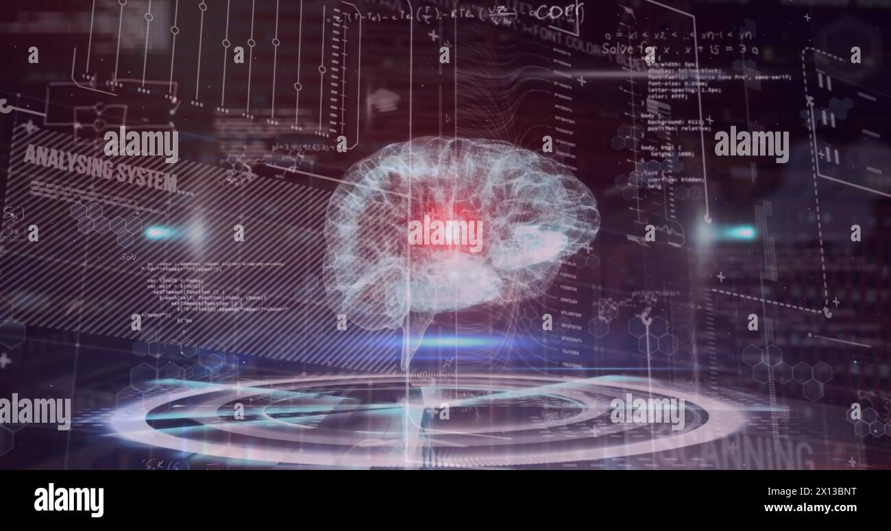 Image of data processing over brain Stock Photo