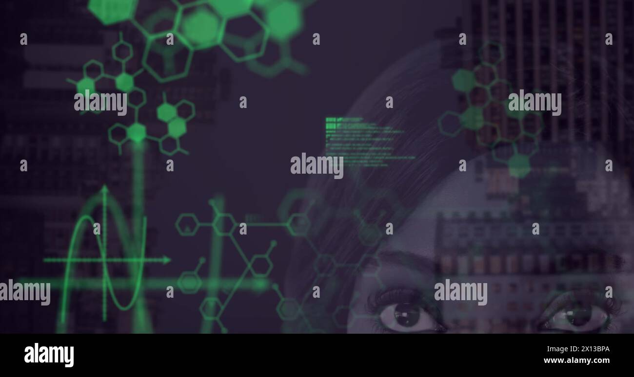Image of data processing over biracial woman Stock Photo