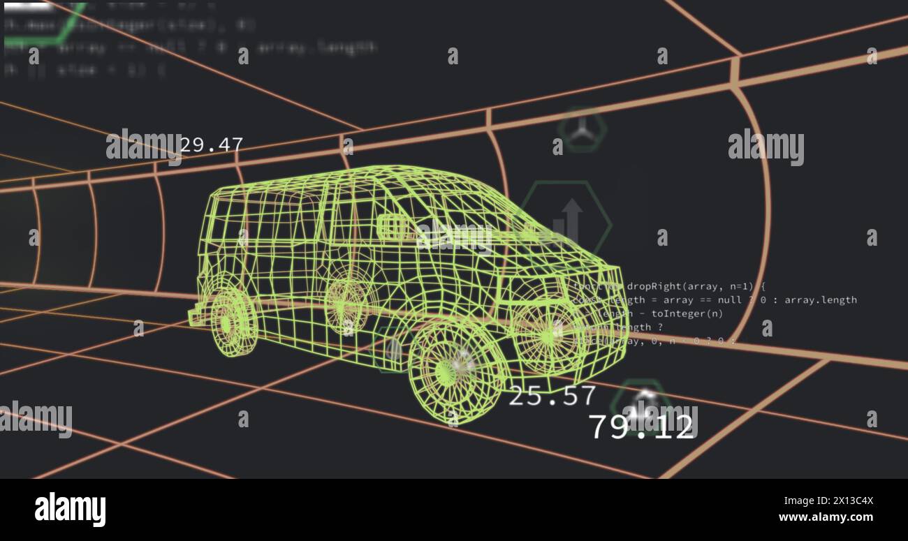 Image of digital car interface and data processing over 3d model of car ...