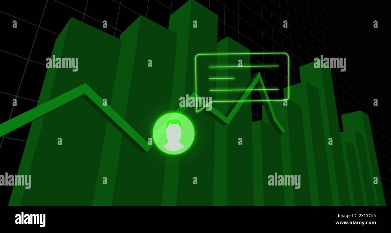 Image of social media icons, green line with statistics and data ...