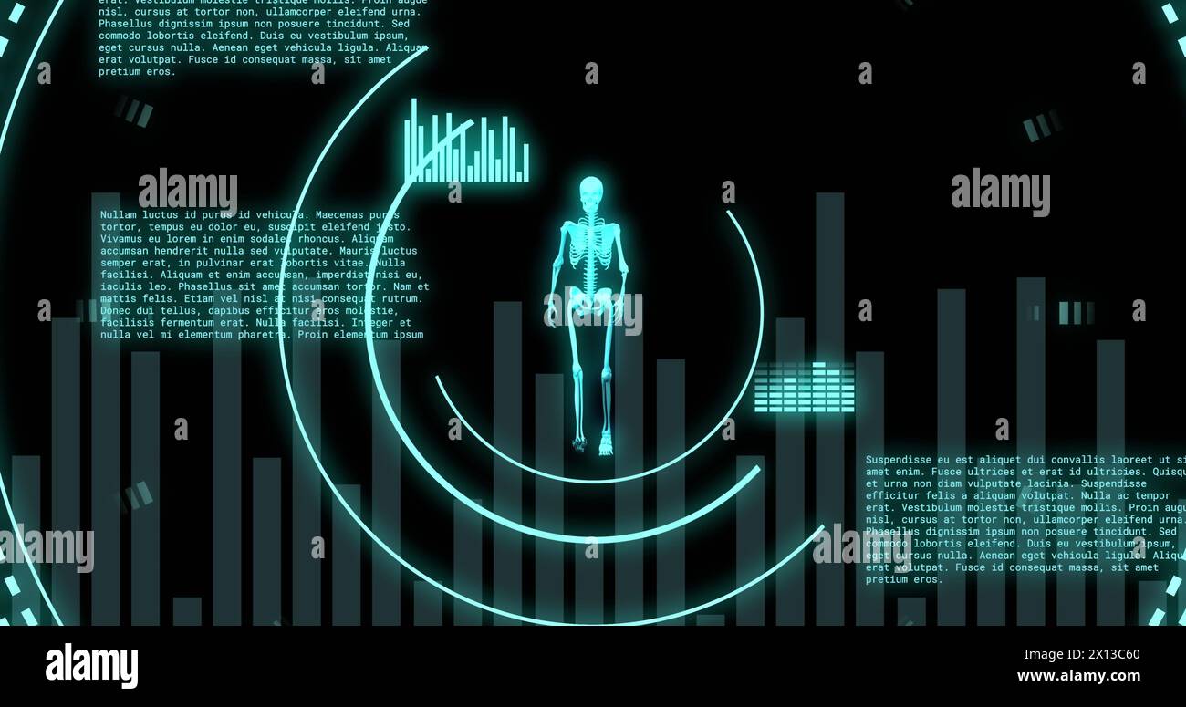 Image of data processing with scope scanning and human skeleton on black background Stock Photo