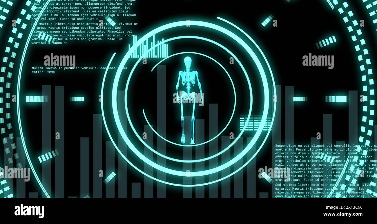 Image of data processing with scope scanning and human skeleton on black background Stock Photo