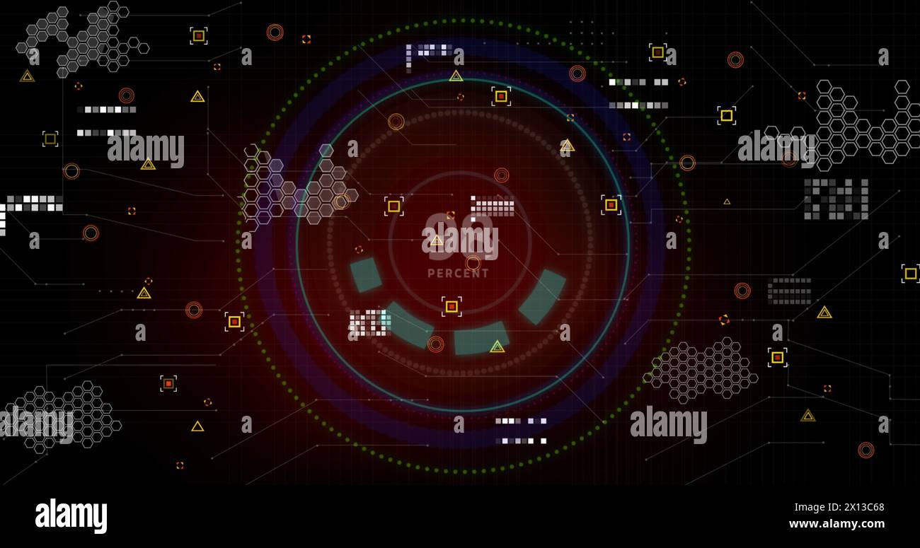 Image of interface with data processing against increasing percentage over round scanner Stock Photo