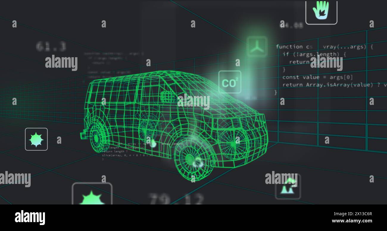 Image of data processing and scanning over car drawing spinning on ...