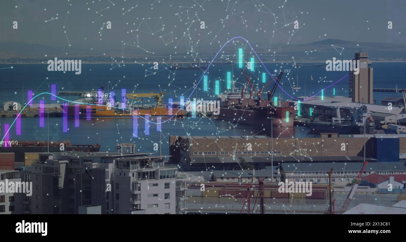 Image of data processing over shapes and port Stock Photo