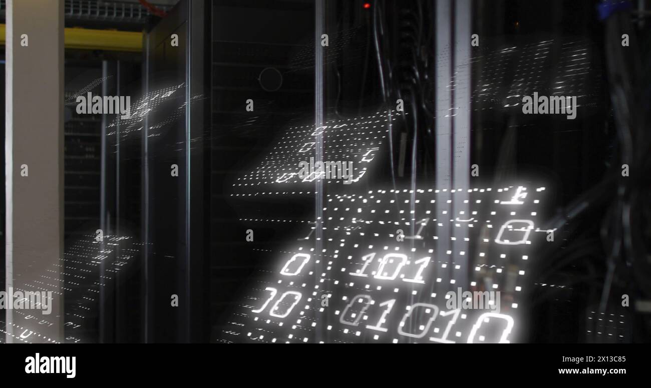 Image of binary coding and data processing over computer servers Stock Photo