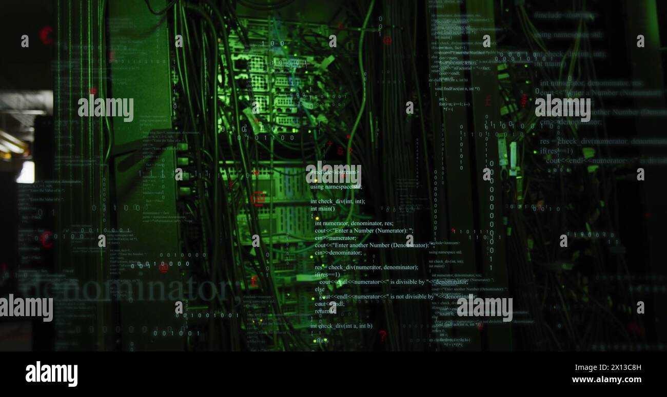 Image of data processing against close up of a computer server Stock Photo