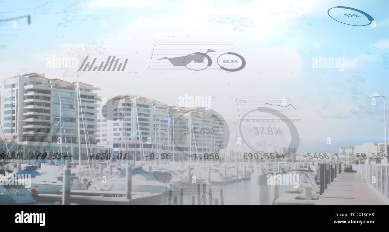 Image of financial data processing over yachts in port Stock Photo
