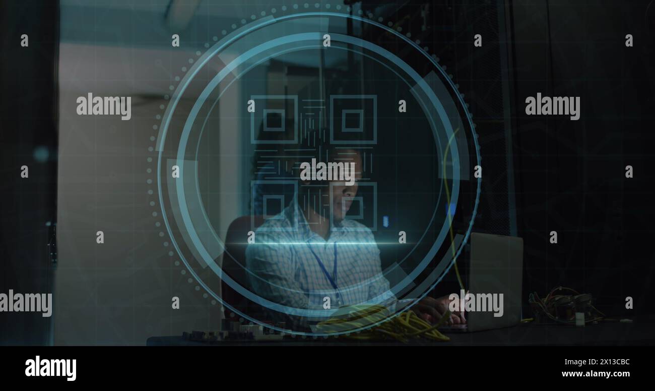 Image of cyber security text, bar code, african american male engineer using laptop in data room Stock Photo