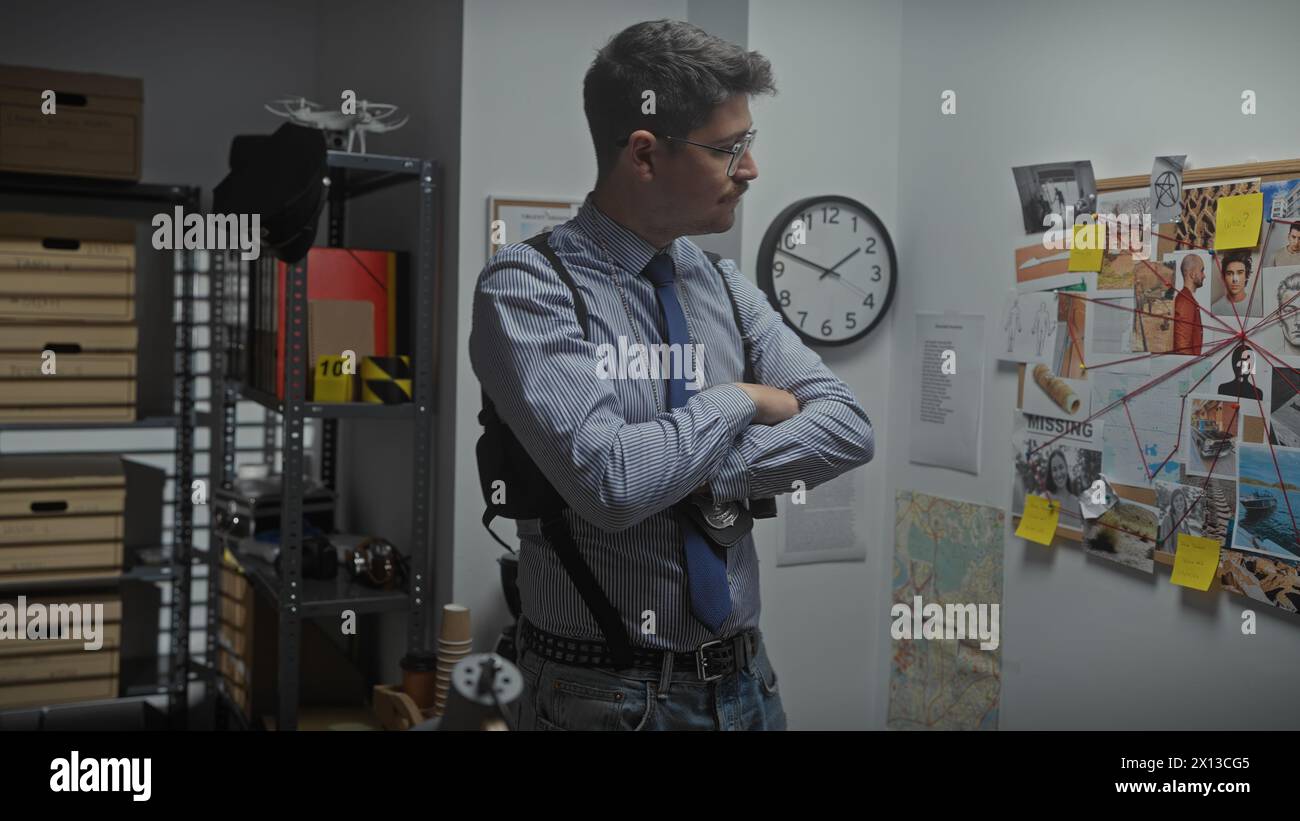 Hispanic detective with crossed arms stands pensively in a police department's evidence room. Stock Photo