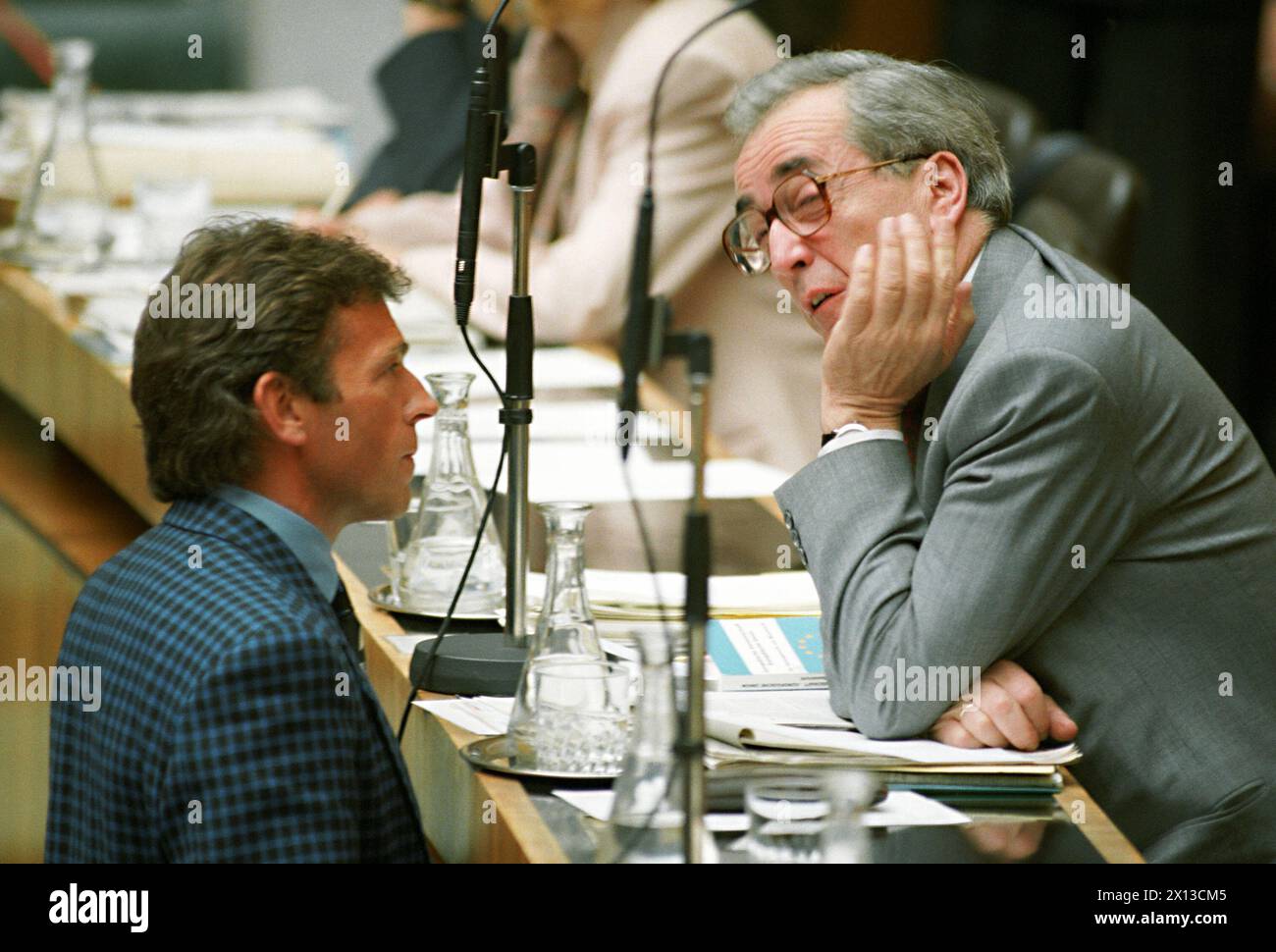 EU debate in Austria's parliament on May 4th 1994: 374 representatives of the EU Parliament voted for Austria's accession to the European Union, 24 against and 61 abstained from voting. In the picture: Joerg Haider (l.) chairman of Austria's Freedom Party and foreign minister Alois Mock (r.) - 19940504 PD0001 - Rechteinfo: Rights Managed (RM) Stock Photo