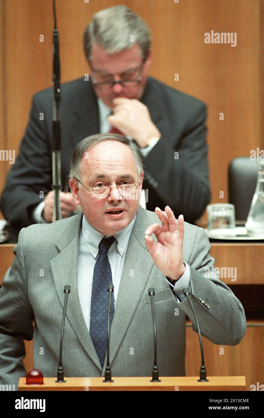 EU debate in Austria's parliament on May 4th 1994: 374 representatives of the EU Parliament voted for Austria's accession to the European Union, 24 against and 61 abstained from voting. In the picture: Heinrich Neisser (background Chancellor Franz Vranitzky). - 19940504 PD0010 - Rechteinfo: Rights Managed (RM) Stock Photo