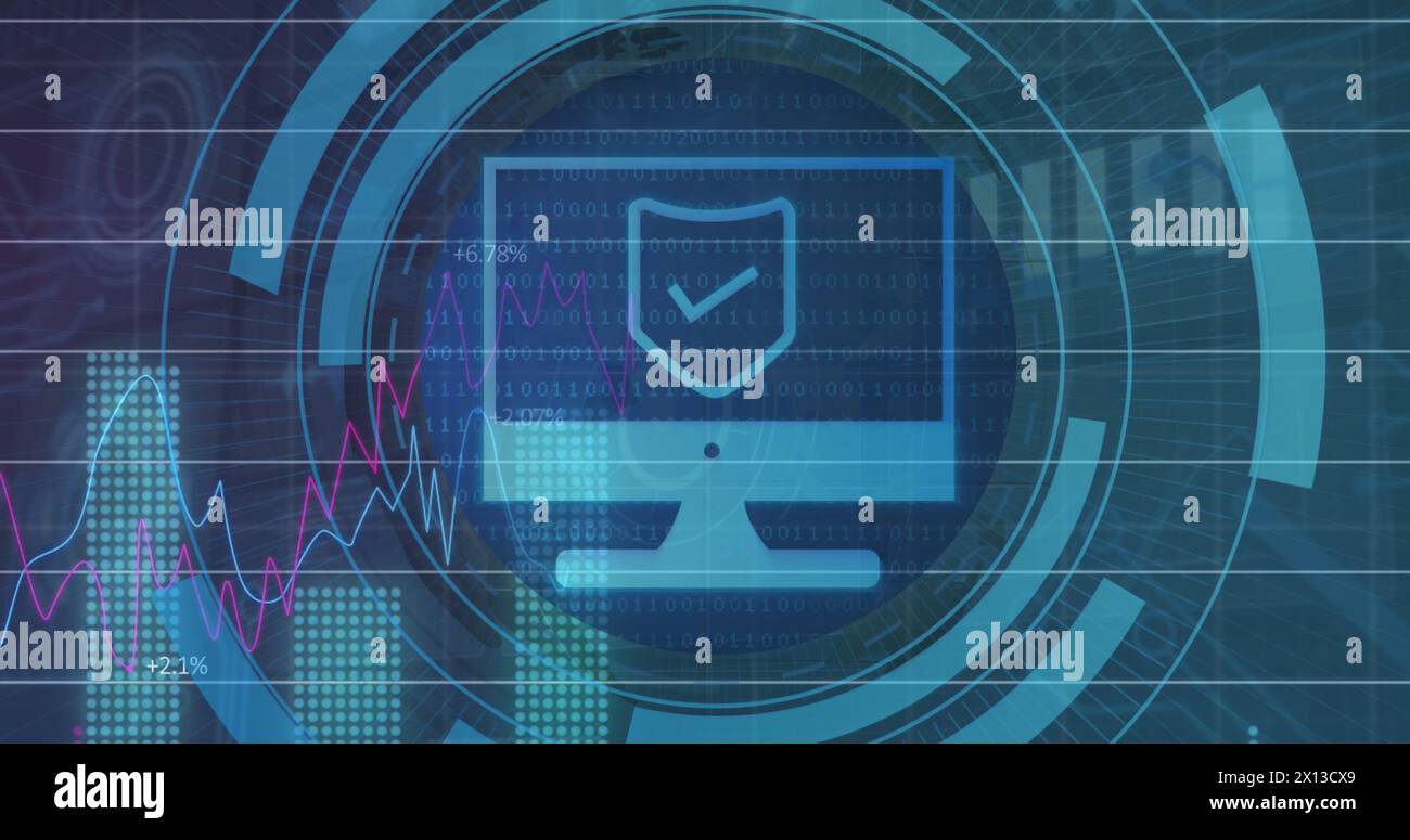 Image of statistical data processing over computer icon on round scanner against data processing Stock Photo