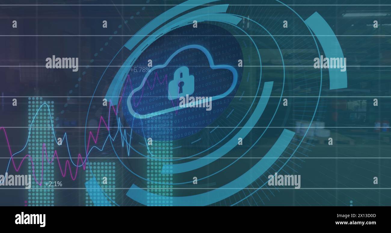 Image of padlock, binary codes, cloud in loading circles with graphs over warehouse Stock Photo