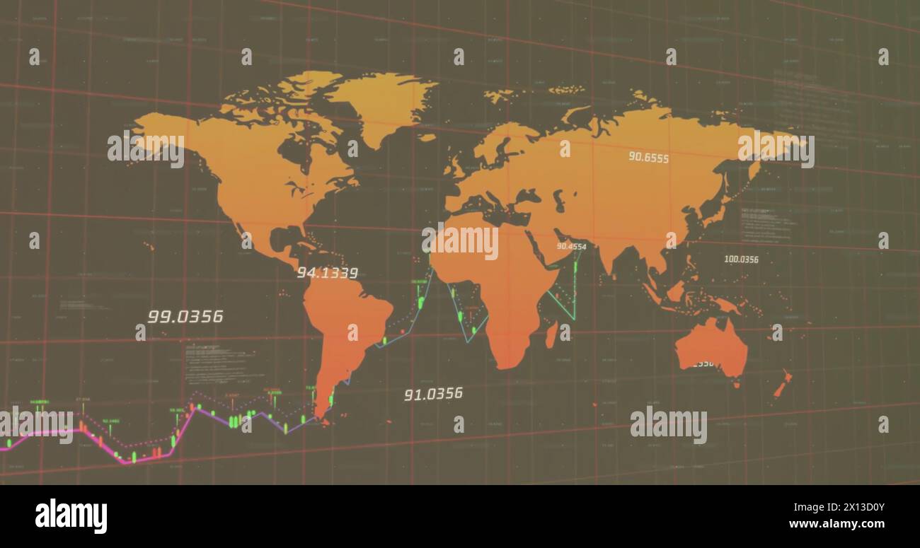 Image of world map and financial data processing Stock Photo