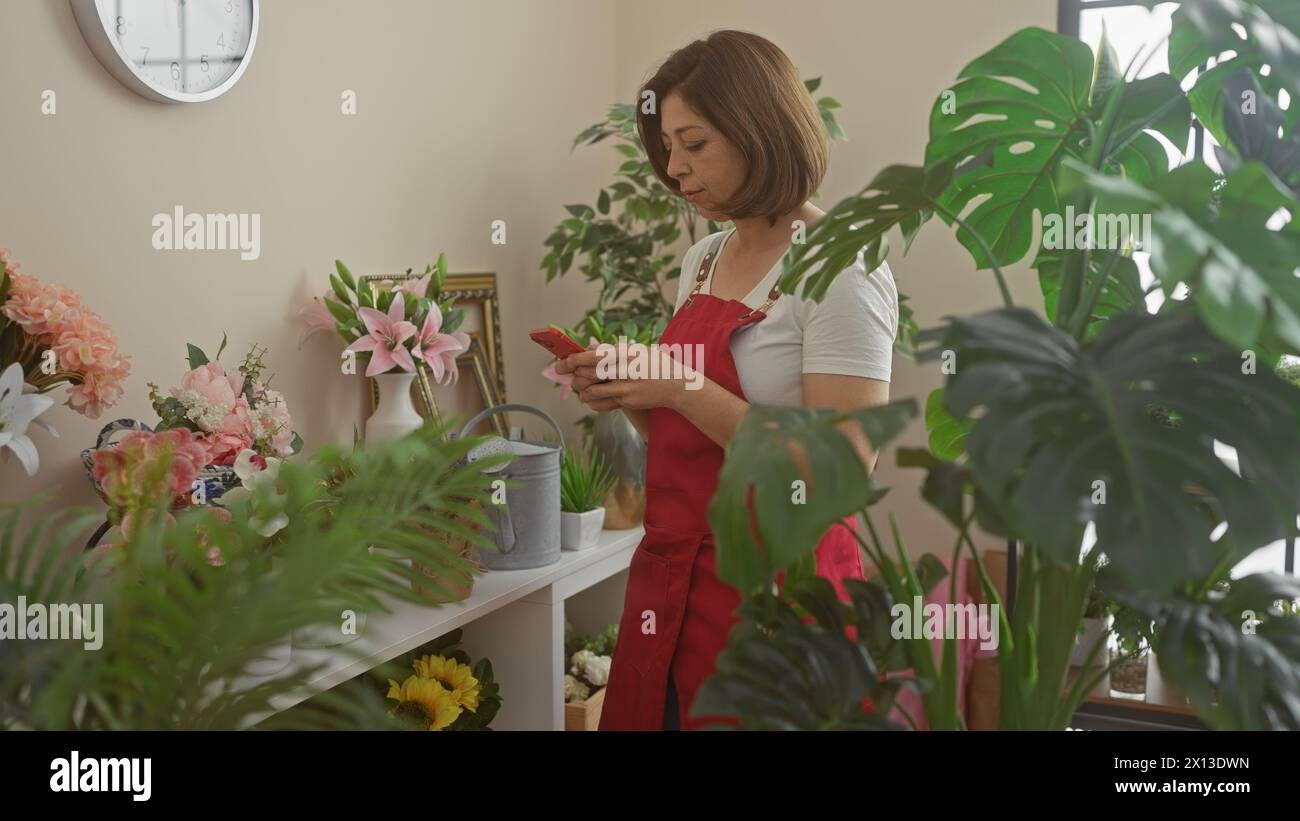 A hispanic woman in a florist shop surrounded by colorful flowers and green plants, texting on her phone. Stock Photo