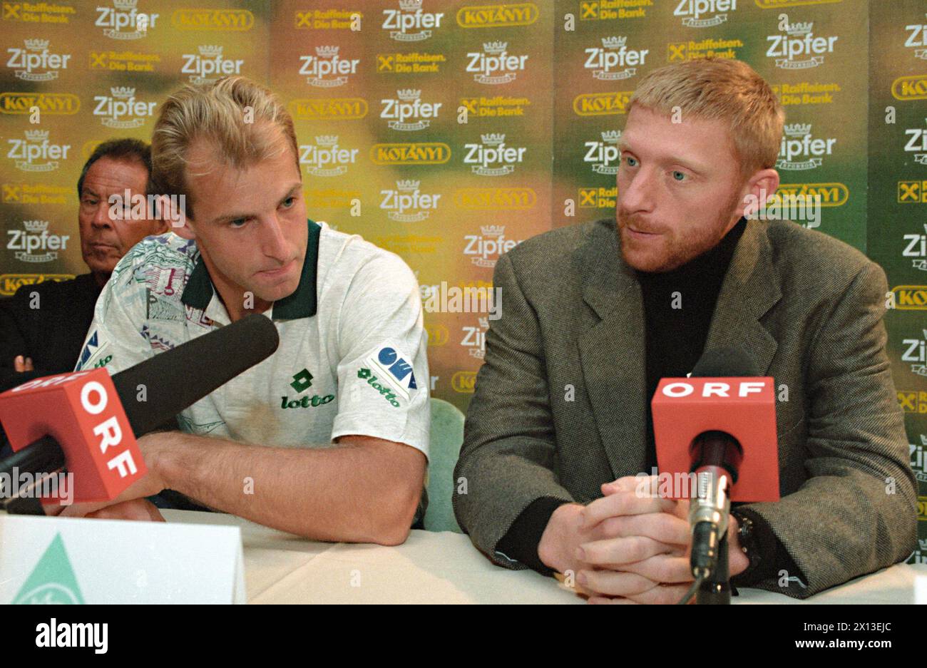 Voesendorf on December 3rd 1994: Boris Becker (r.) and Thomas Muster give a press conference at the Charity Gala in favour of 'Licht ins Dunkel'. - 19941203 PD0001 - Rechteinfo: Rights Managed (RM) Stock Photo