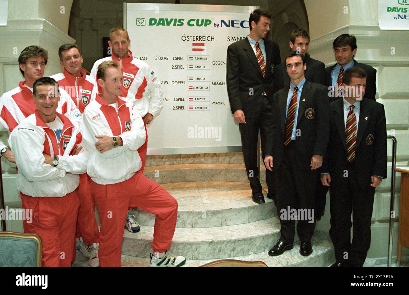 Assignment for the upcoming Davis Cup in Vienna on February 2nd 1995. In the picture: The Austrian team (left), comprising (back, l-r) Gerald Mandl, captain Ronald Leitgeb, Thomas Muster, (front, l-r) Alexander Antonitsch and Gilbert Schaller and the Spanish team on the right side: (back row, l-r) Sergi Bruguera, Carlos Costa, Emilio Sanchez, (front row, l-r) Alberto Berasategui and captain Juan Avendano. - 19950202 PD0015 - Rechteinfo: Rights Managed (RM) Stock Photo