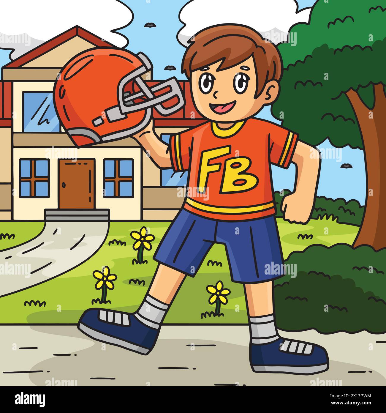 American Football Boy with Helmet Colored Cartoon Stock Vector