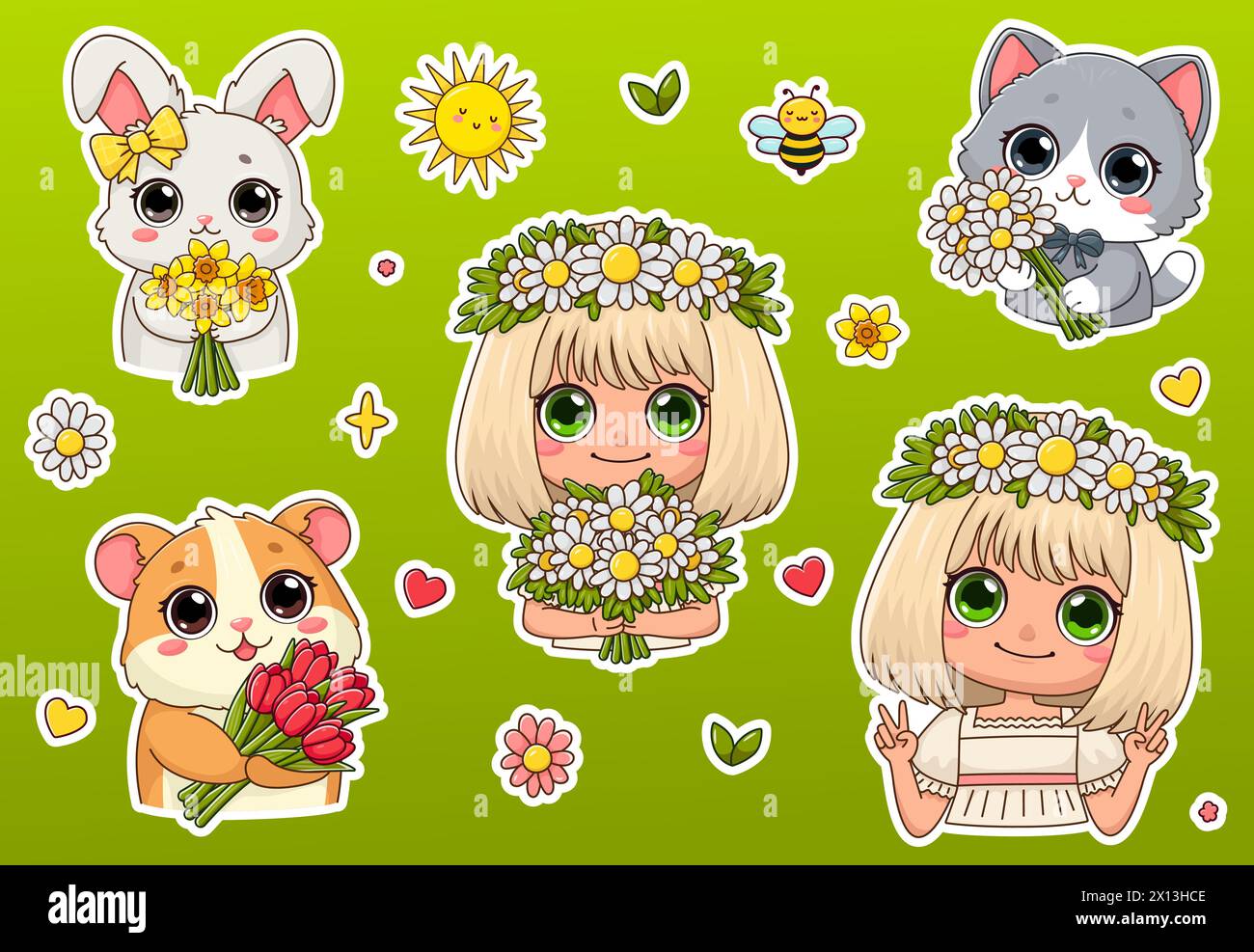 Set of stickers with cute animals and girl holding spring flowers ...