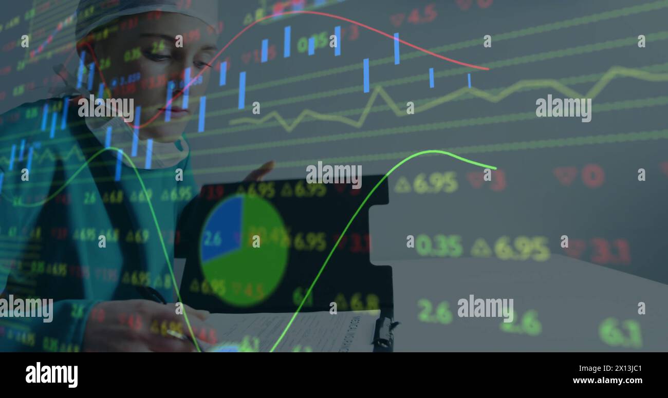 Image of data processing over caucasian female surgeon Stock Photo