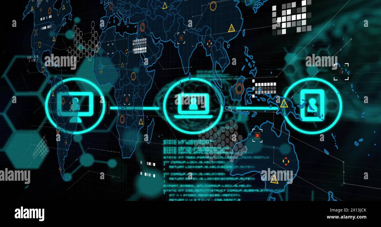 Image of data processing and icons with connections over world map ...