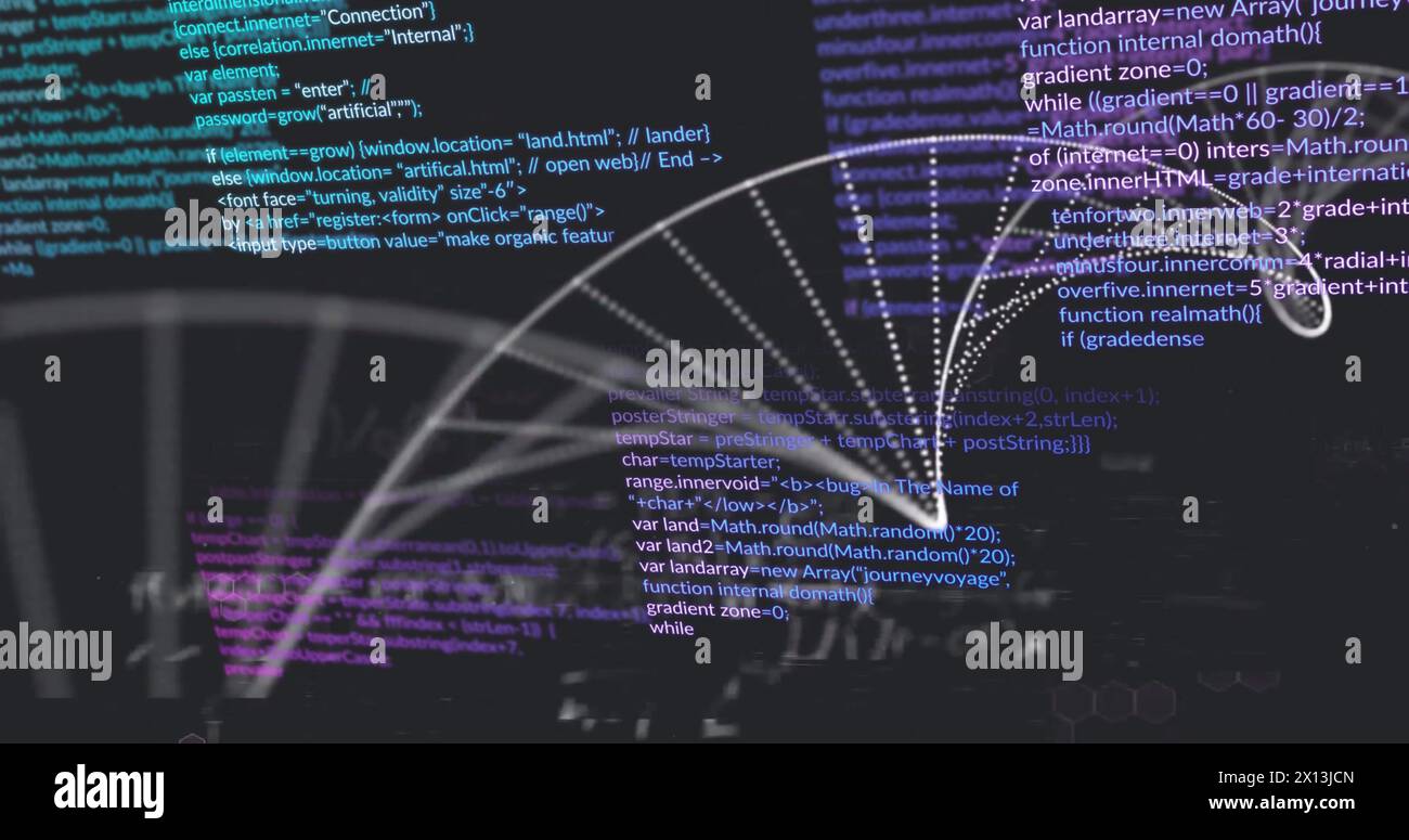 Image of dna strand and data processing over dark background Stock Photo