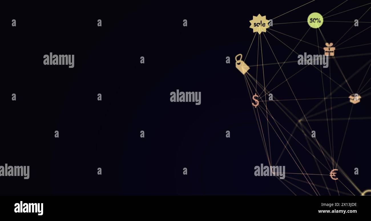 Image of web of connections with icons floating on a black background ...