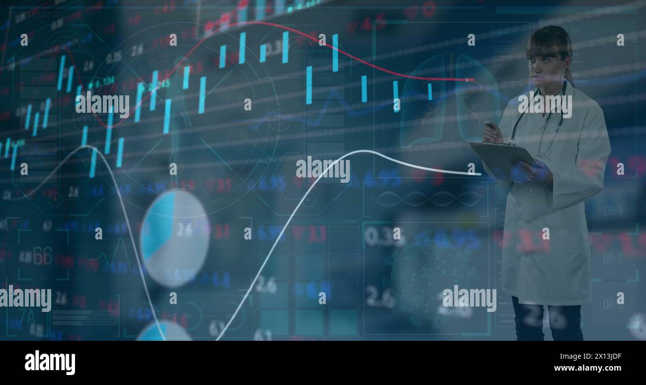 Image of data processing over caucasian female doctor Stock Photo