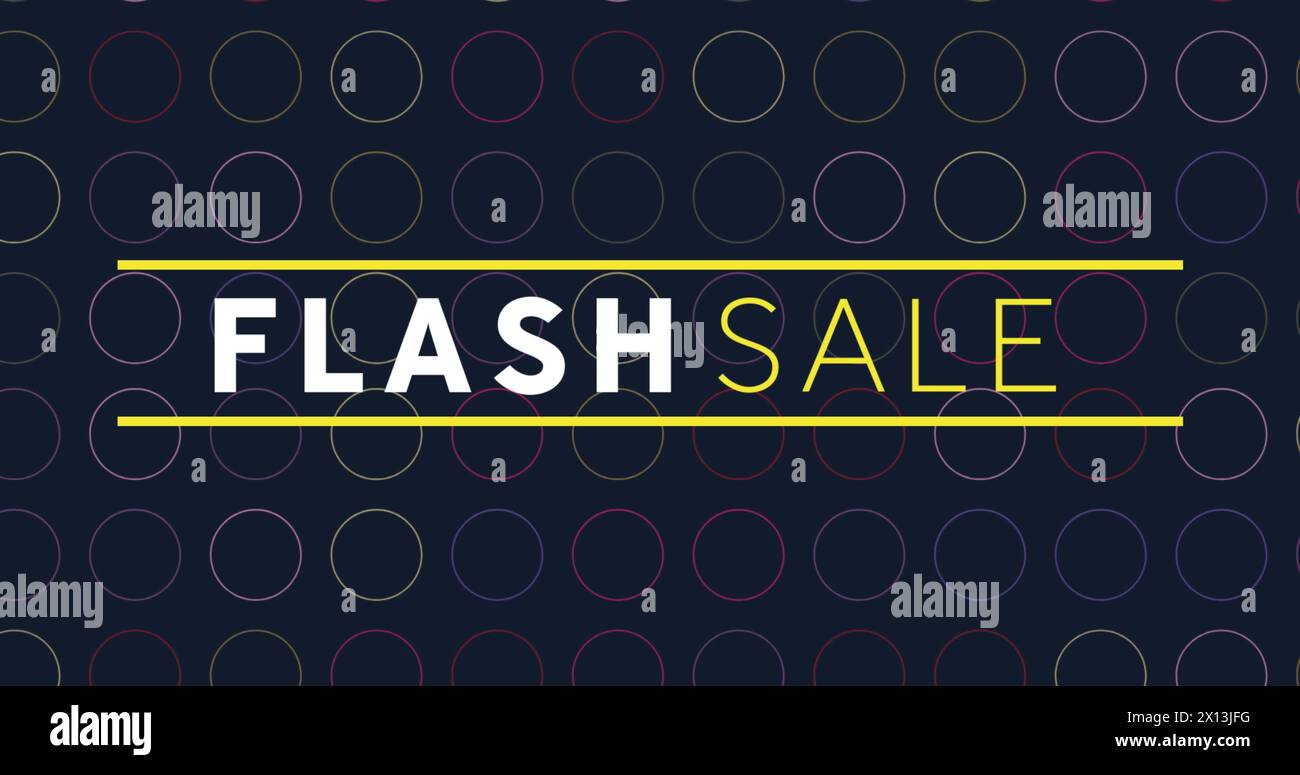 Image of flash sale text with yellow lines over rows of multi coloured circles on black Stock Photo