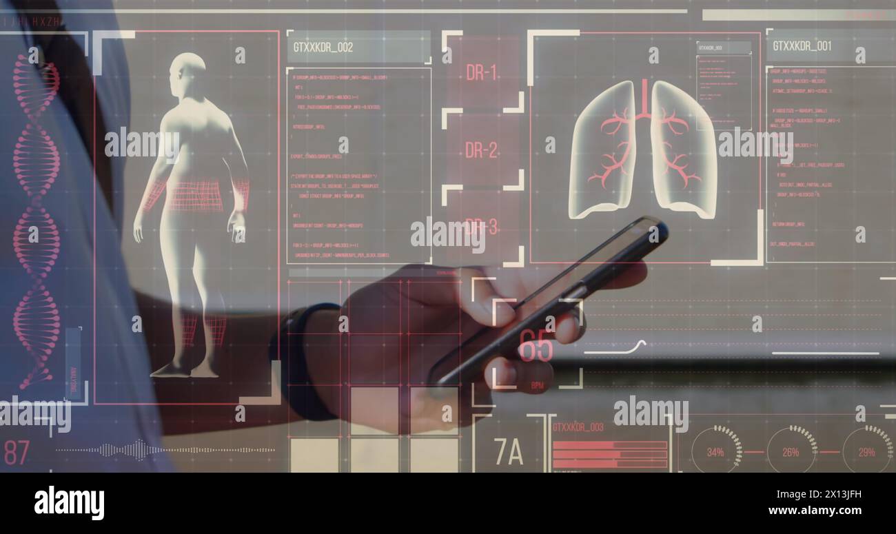 Digital interface with medical data processing against mid section of doctor using smartphone Stock Photo