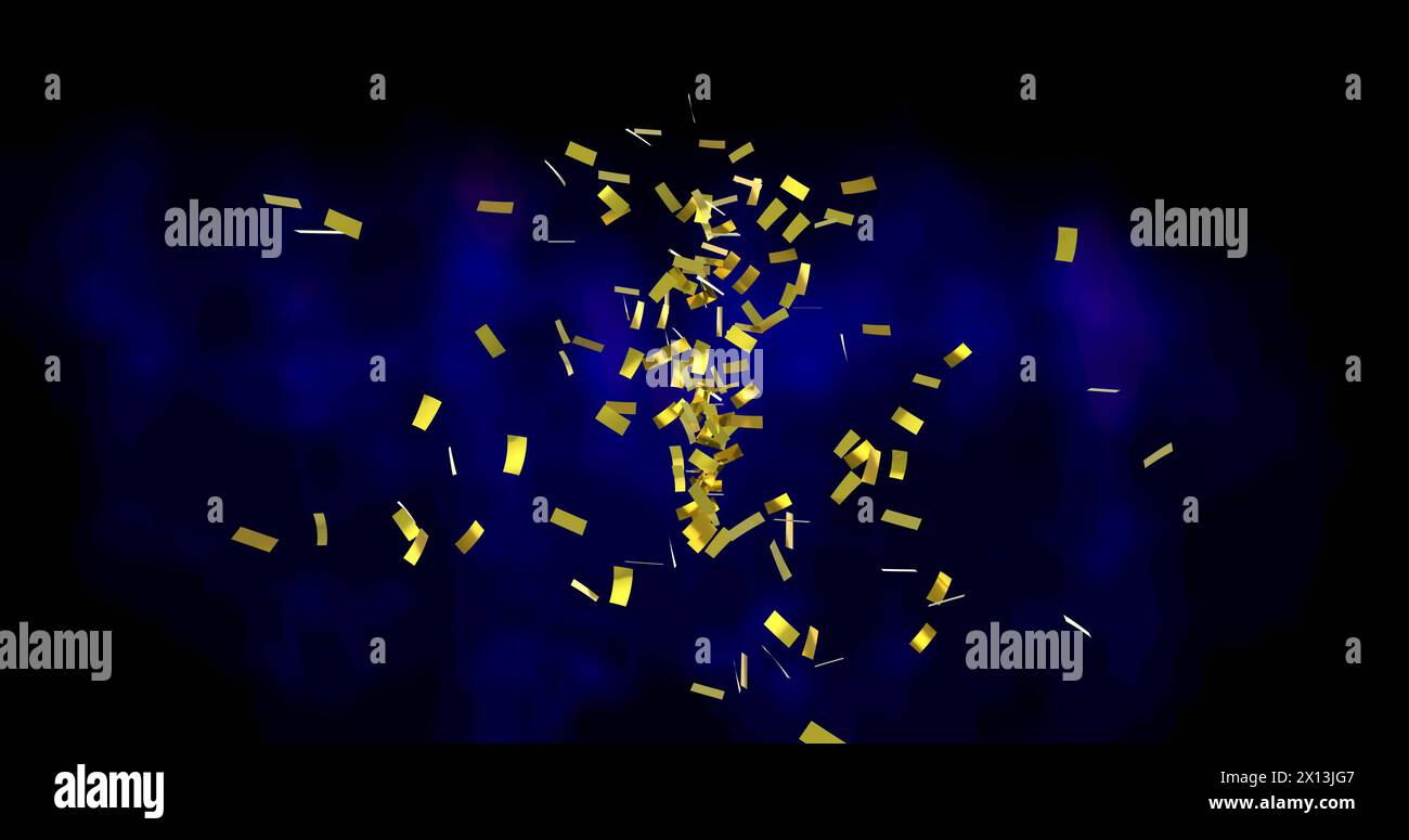 Image of gold confetti floating over blue and black background Stock Photo