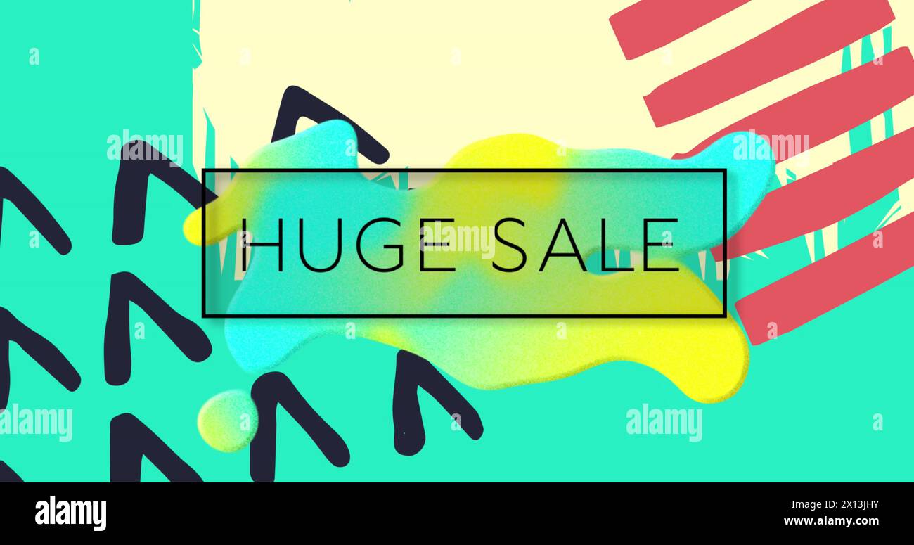 Image of huge sale text in black frame over multi coloured abstract shapes on yellow background Stock Photo