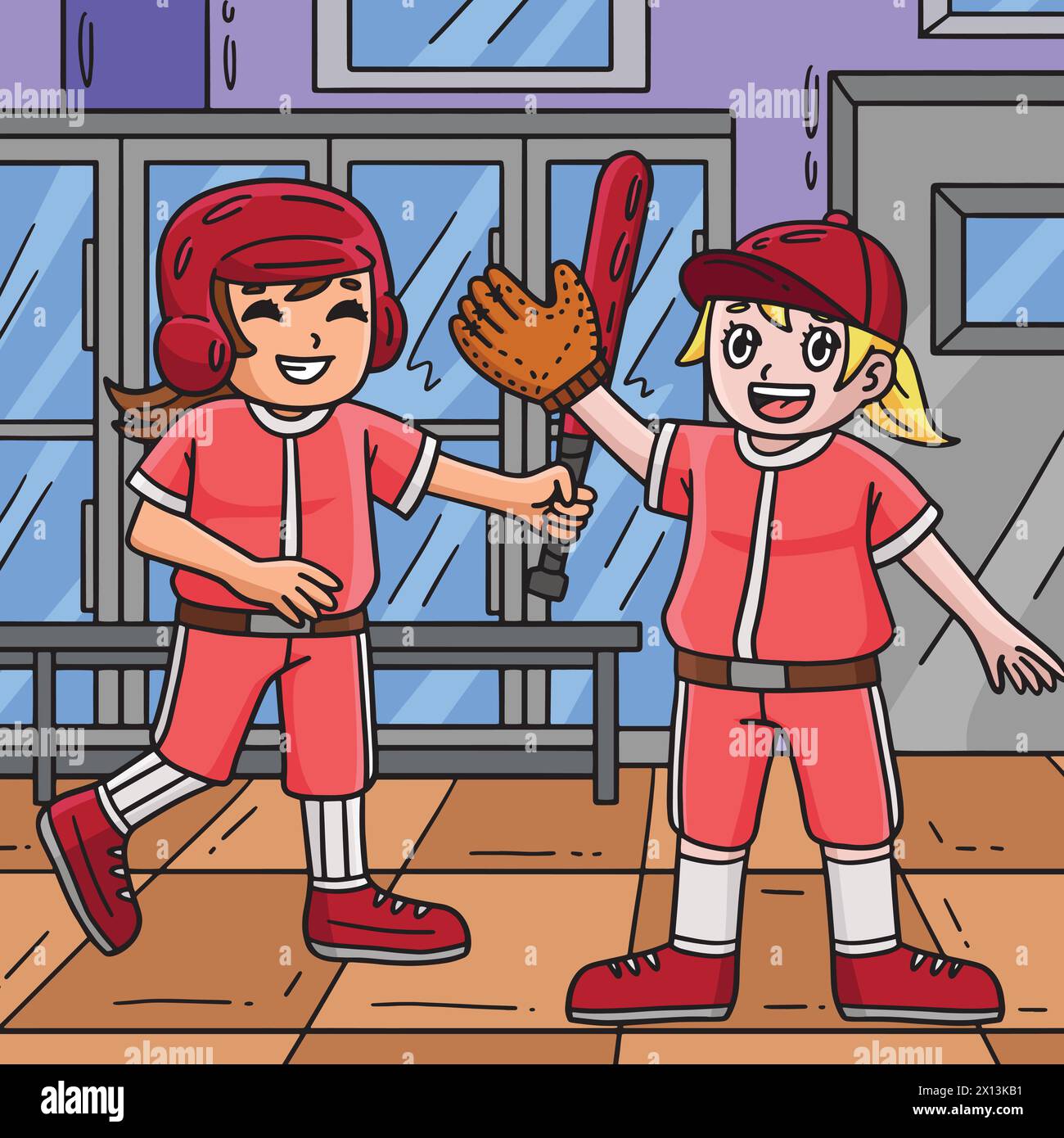 Baseball Girl Teammate Colored Cartoon  Stock Vector