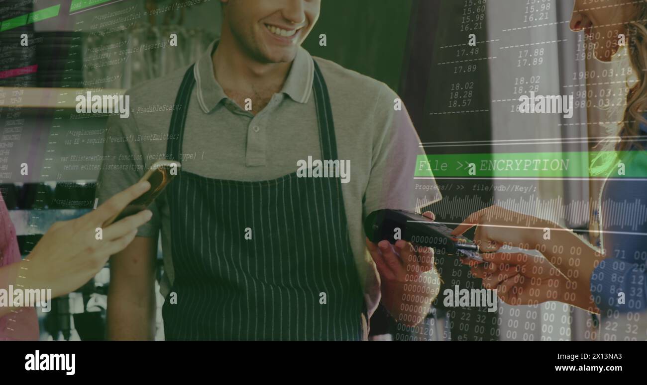 Image of lines and data processing over happy caucasian woman paying with smartphone at cafe Stock Photo