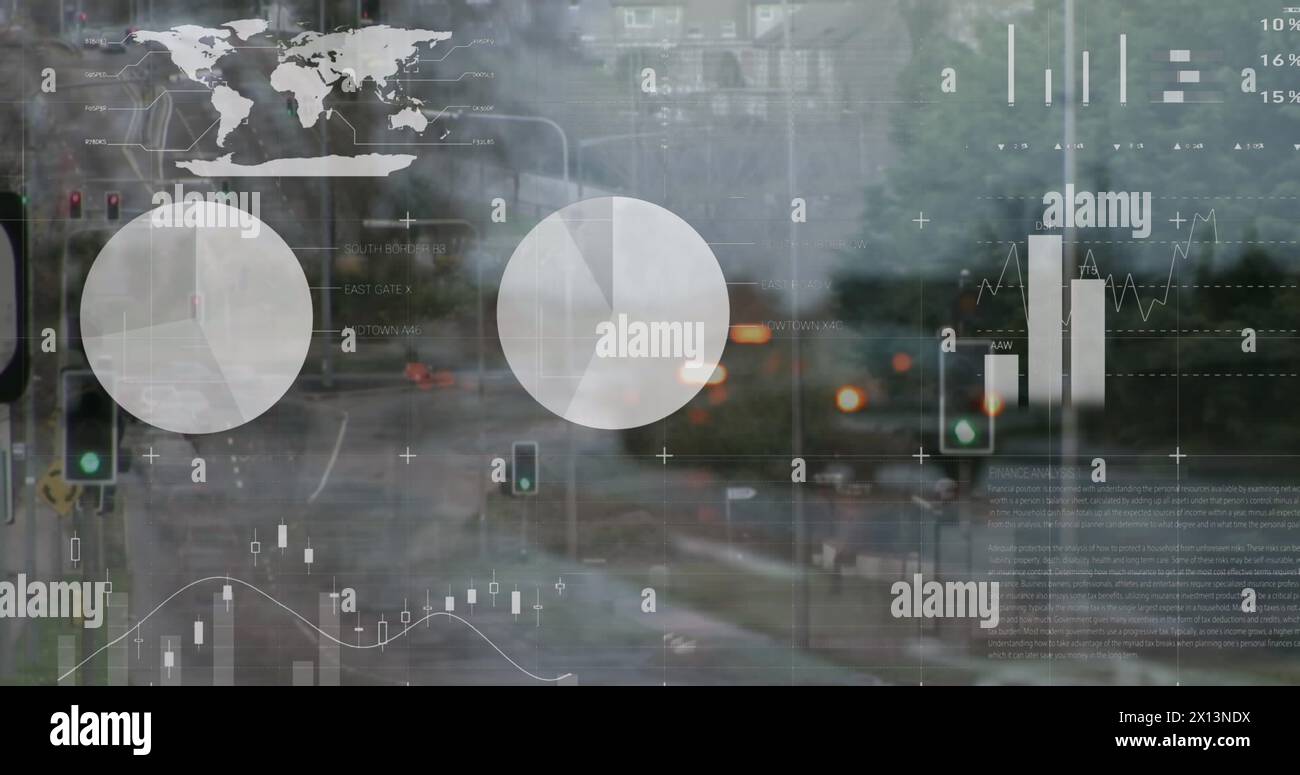 Image of statistical data processing against city traffic Stock Photo