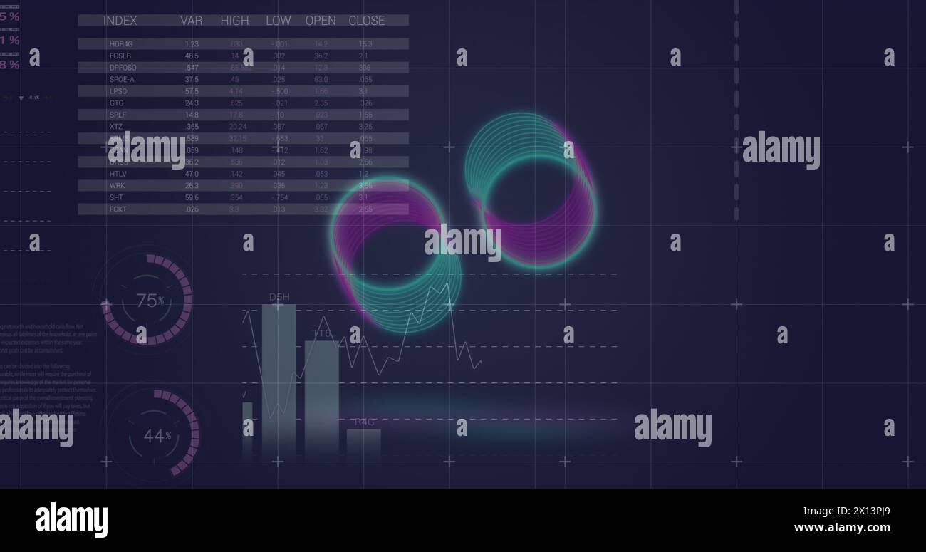 Image of neon rings spinning over statistical data processing against ...