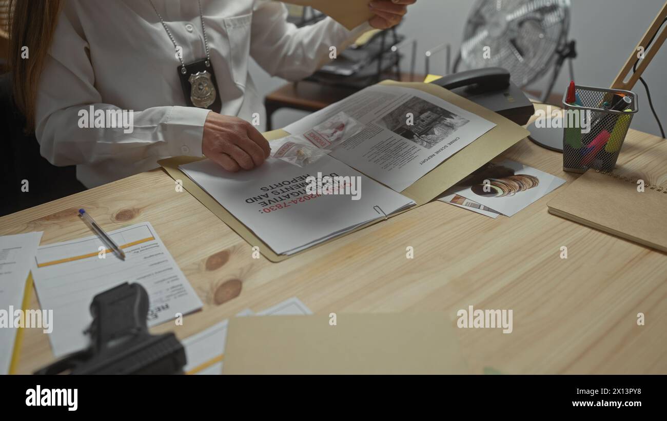 A female detective examines evidence at a police station, surrounded by ...