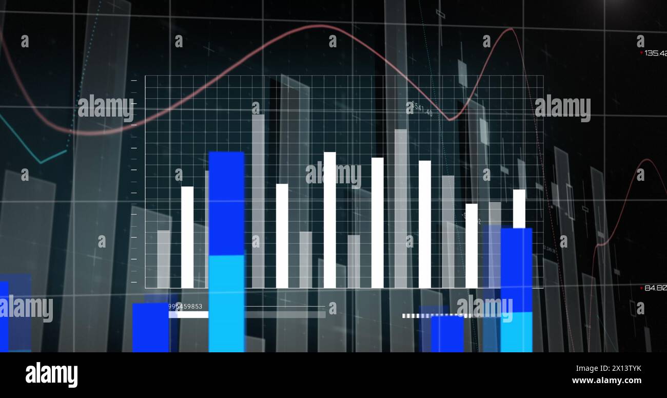 Image of statistical data processing over world map against black background Stock Photo