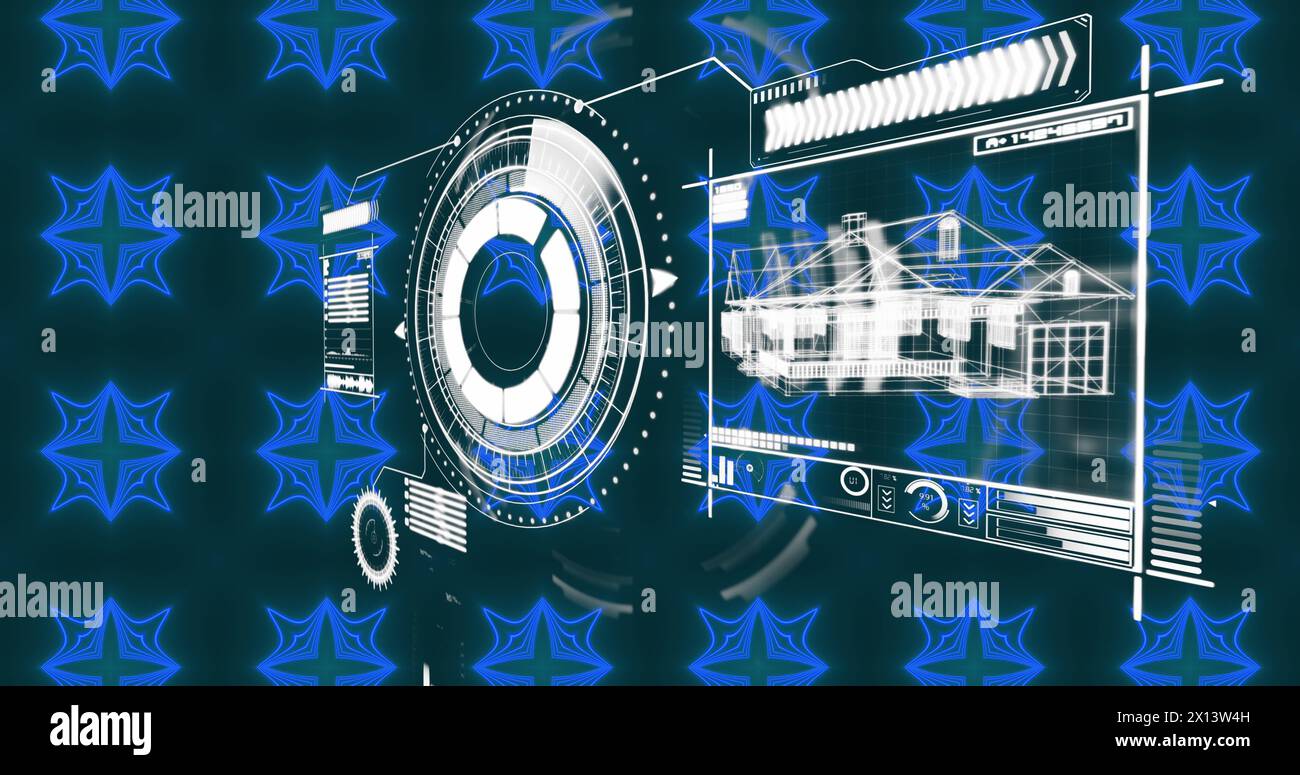 Image of interface with data processing over blue kaleidoscopic patterns in seamless pattern Stock Photo