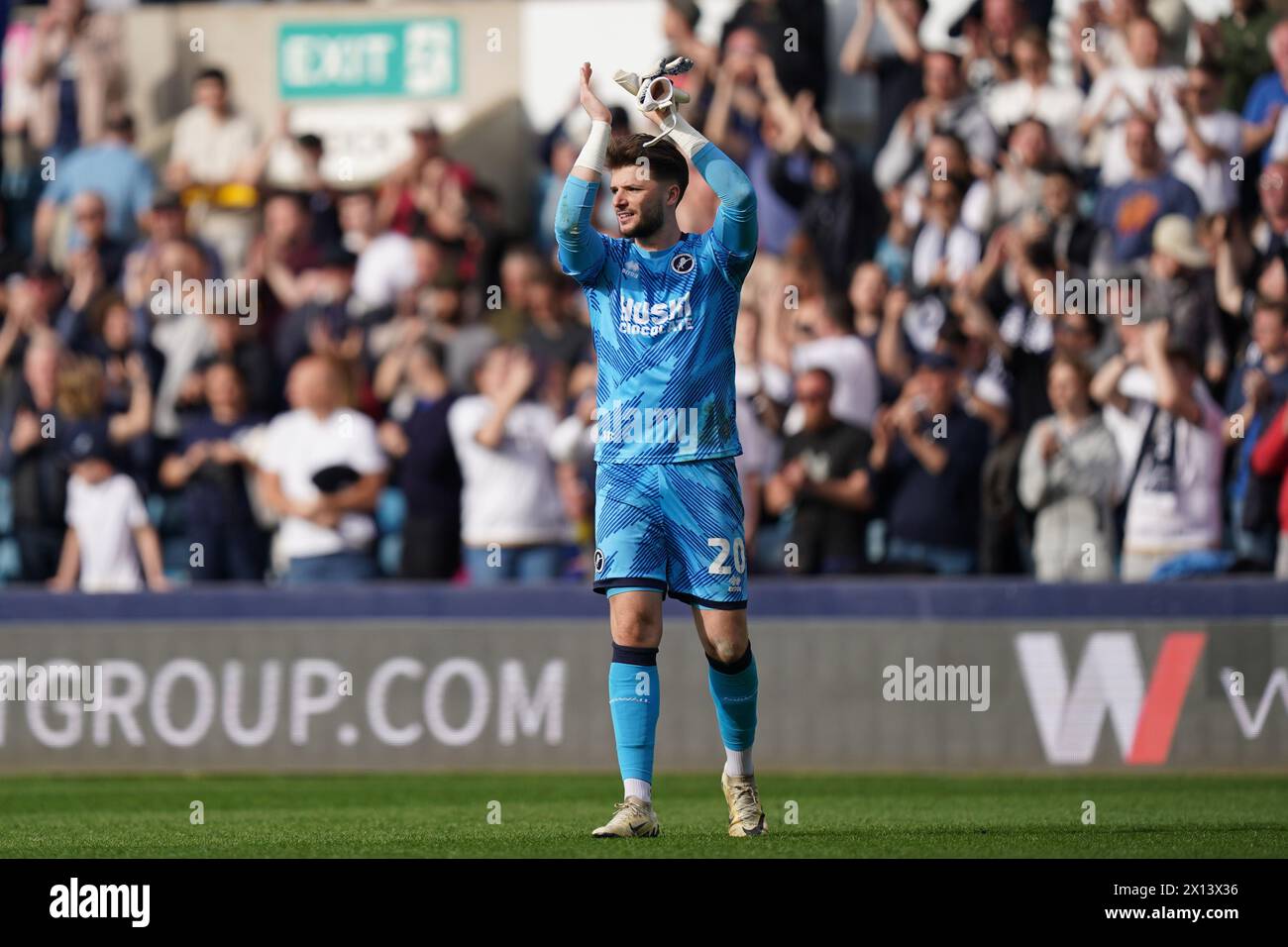 LONDON, ENGLAND - APRIL 13: Matija Šarkić of Millwall clapping the fans after the Sky Bet Championship match between Millwall and Cardiff City at The Den on April 13, 2024 in London, England.(Photo by Dylan Hepworth/MB Media) Stock Photo