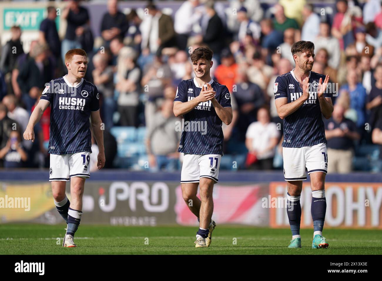LONDON, ENGLAND - APRIL 13: Duncan Watmore of Millwall, Ryan Longman of Millwall and Ryan Leonard of Millwall clapping the fans after the Sky Bet Championship match between Millwall and Cardiff City at The Den on April 13, 2024 in London, England.(Photo by Dylan Hepworth/MB Media) Stock Photo