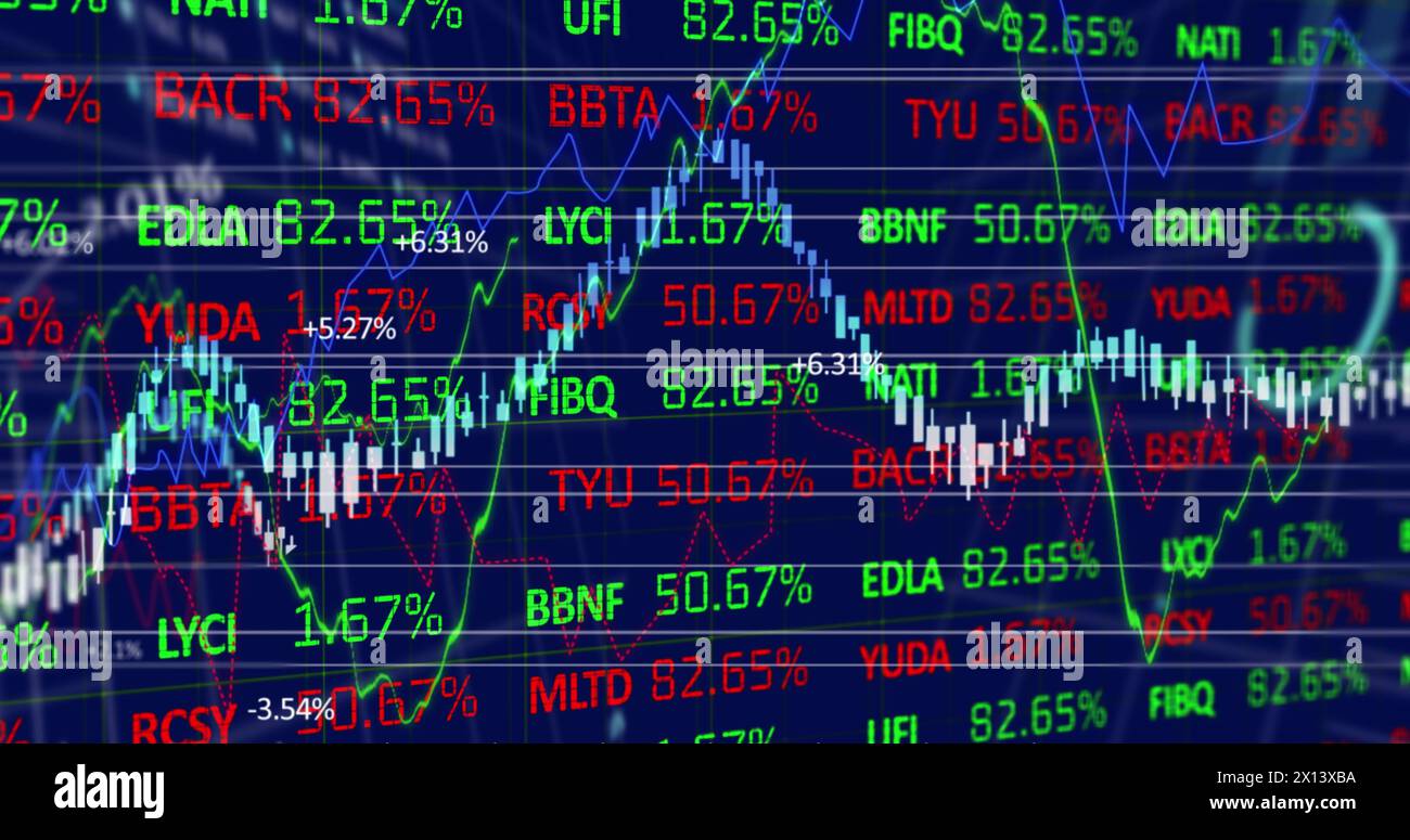 Image of financial data processing on black background Stock Photo