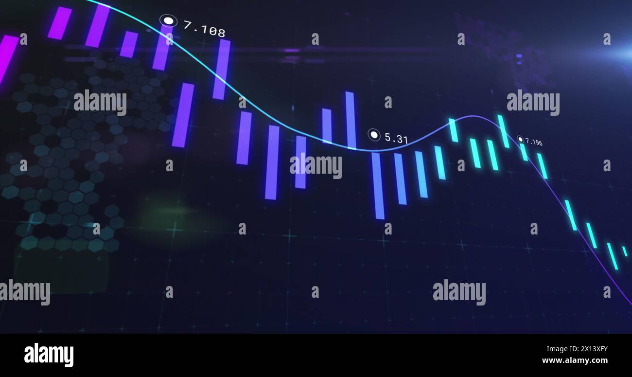 Image of financial data processing over blue background Stock Photo